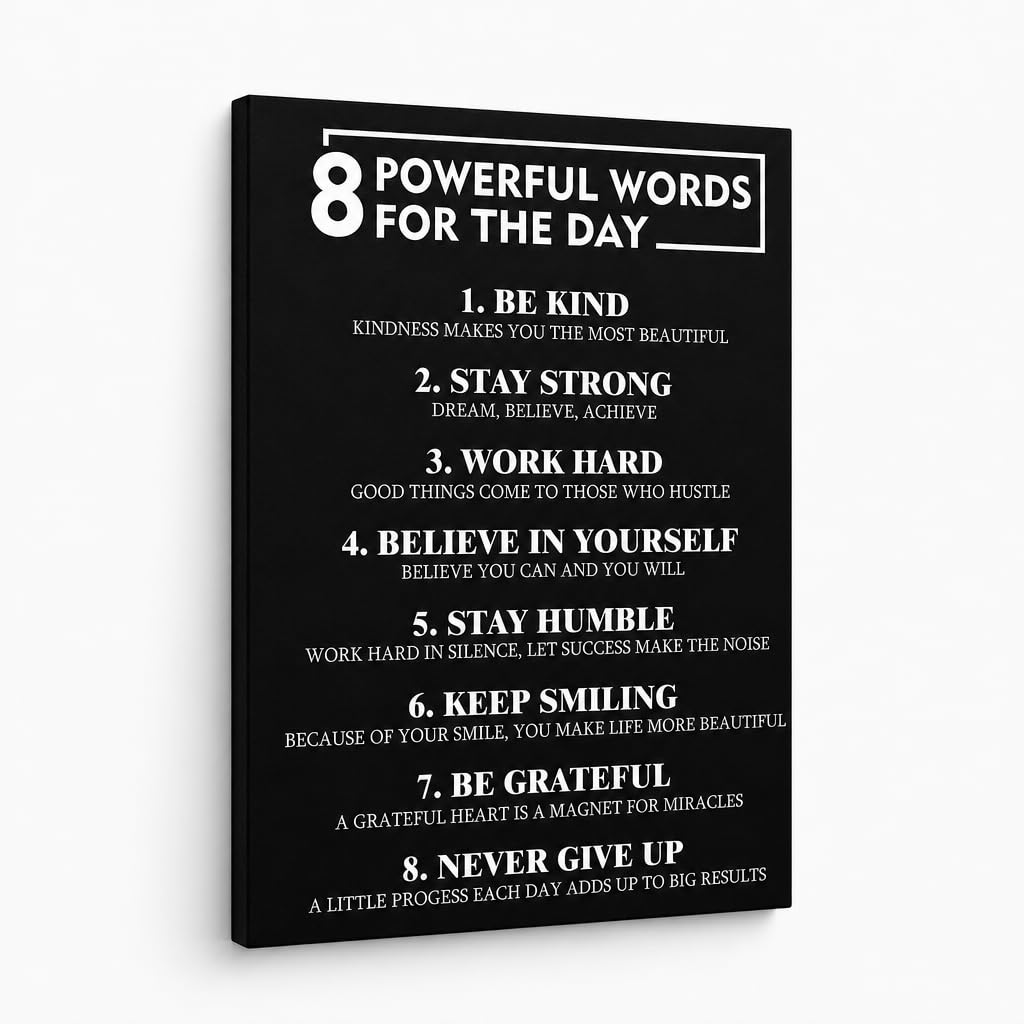 PJQART 8 Powerful Words for the Day Inspirational Framed Canvas Wall Art, Black and White Quote Poster with Uplifting Phrases for Home Office, Dorm Room, or Classroom Decor, 24x18 Inch