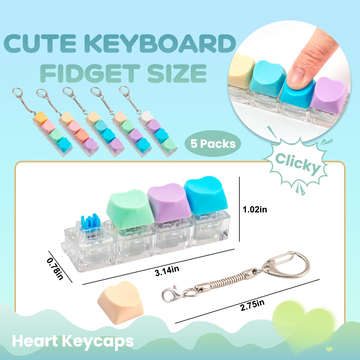 5Pcs Keyboard Fidget Toy, Cute Loud Fidget Keyboard Keychain 4-in-1 Keyboard Clicker Fidget Toy Stress Relief, Colorful Button Fidget Sensory Fun Toys for Anxiety Decompression (Heart)