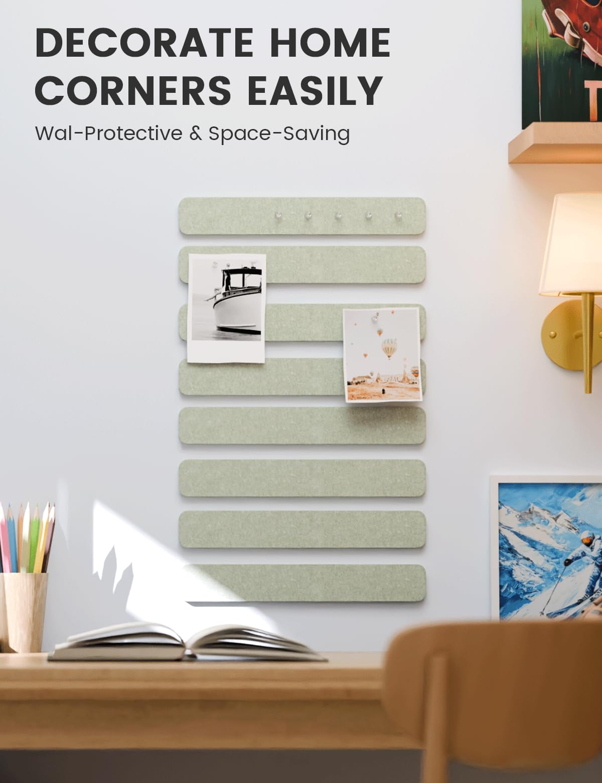 Fluxynara Cork Board Alternative Felt Strip Board 8-Pack 13"x2", Office Pin Board with 50 Push Pins, Adhesive Install for Bedroom Door & Home Office (Sage)