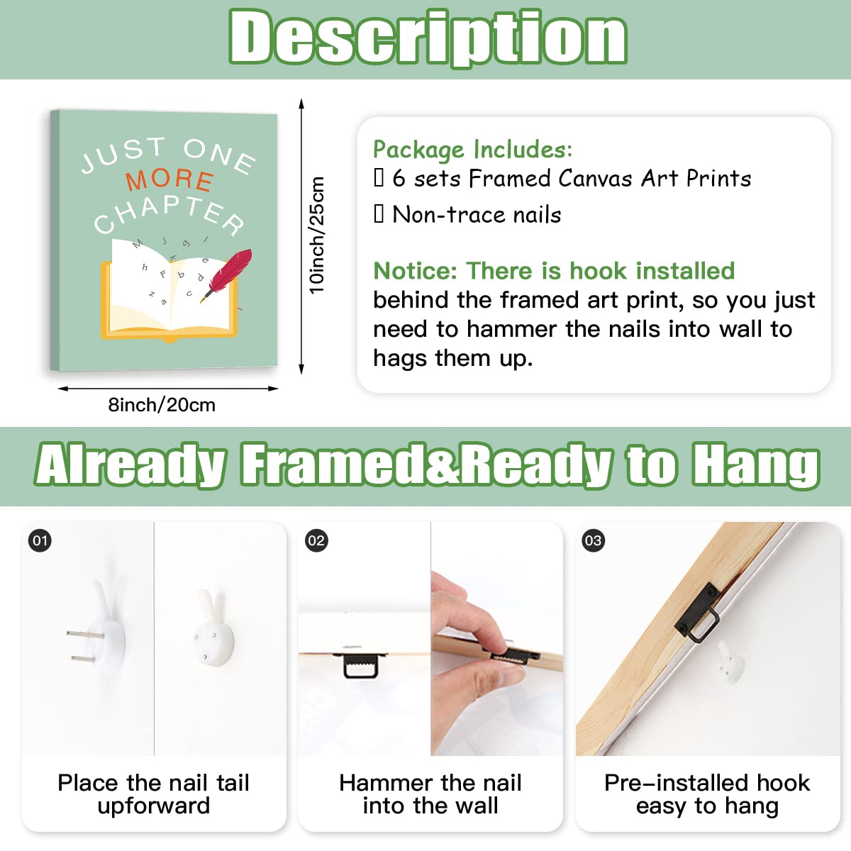 CHDITB Funny Reading Quote Art Prints - 8'x10' Set of 6 Motivational Positive Read More Book Frame Poster Readers Book Lovers Bookworm Student Gift, Wall Art for Library, School College Dorm Decor
