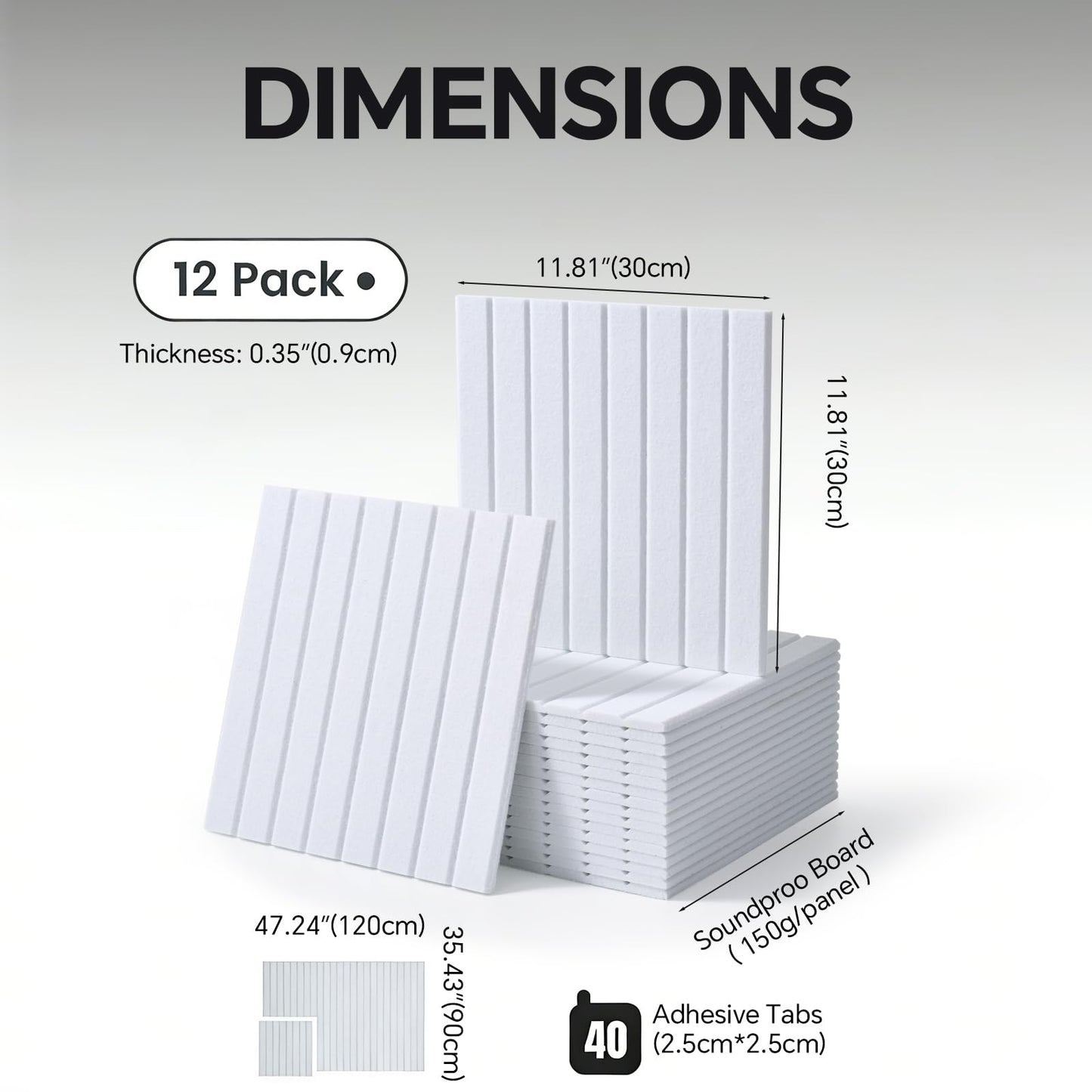Slat Felt Wall Tiles (12 Pack) - 11.8"x11.8" Self-Adhesive Bulletin Board for Wall, Acoustic Panels for Sound Dampening, Modern Black Pin Board, Home Office Decor (30x30cm)