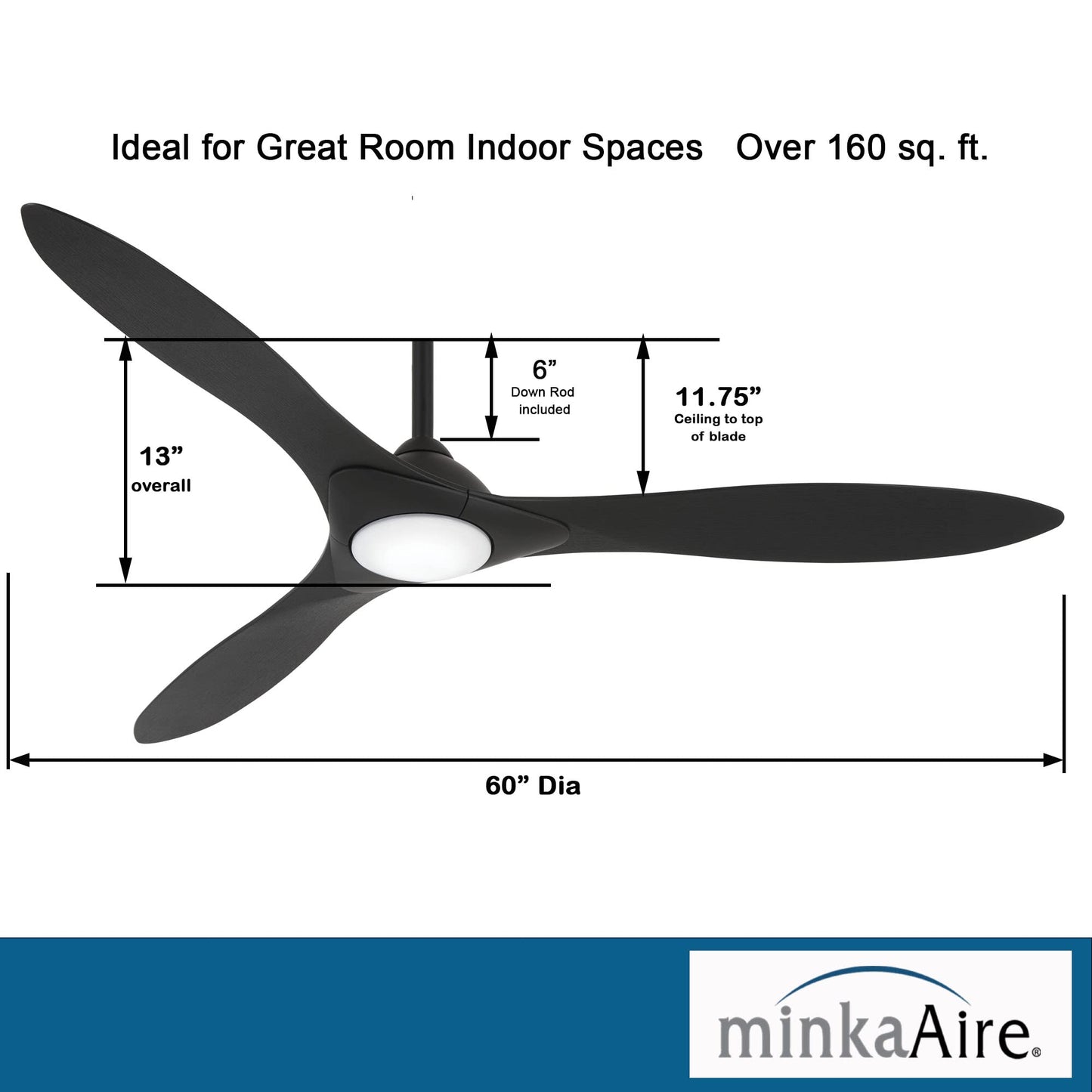 MINKA-AIRE Sleek 60in Smart Ceiling Fan with LED Light, Remote Control, Model F868L-CL/CL