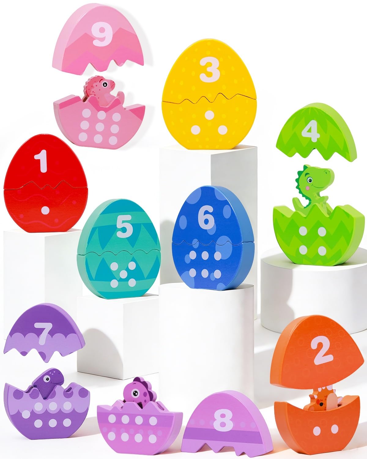 OEUVI Toddlers Learning Toys Wooden Number Counting Montessori Educational Toys Matching Eggs Dinosaur Toys Sorting Fine Motor Games Christmas Birthday Easter Gift for Kids Boys Girls Ages 3+