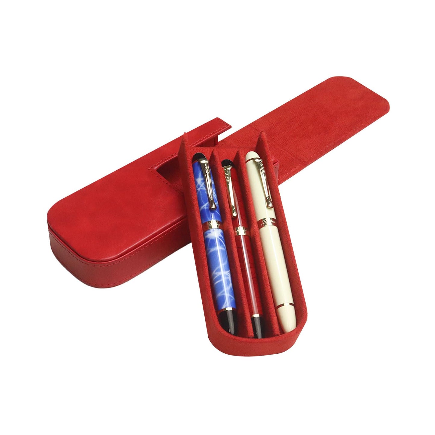 MIVLXLX PU Leather Triple Pen Case Pencil Pouch Holder for Three Fountain Ballpoint Rollerball Pens and Pencils Gift Choice for Man/Woman/Office (red)