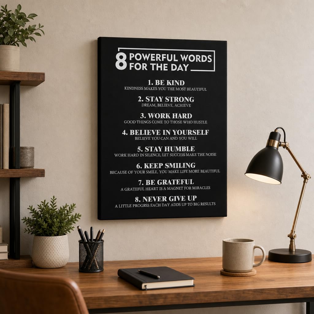 PJQART 8 Powerful Words for the Day Inspirational Framed Canvas Wall Art, Black and White Quote Poster with Uplifting Phrases for Home Office, Dorm Room, or Classroom Decor, 24x18 Inch