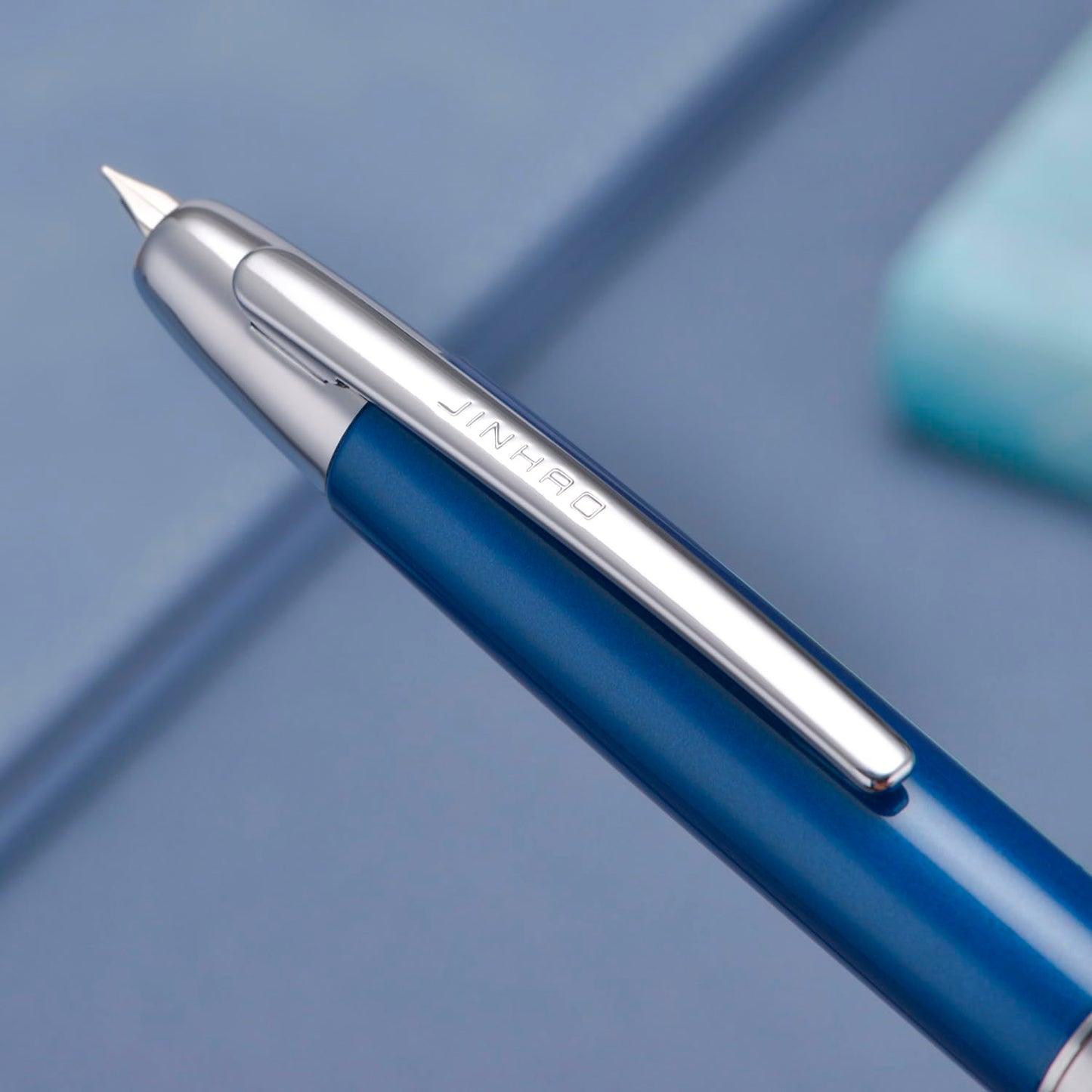 Jinhao 10 Press Fountain Pen with Box, Pearl Blue Retractable Extra Fine Nib with Ink Converter Set (Silver Clip)