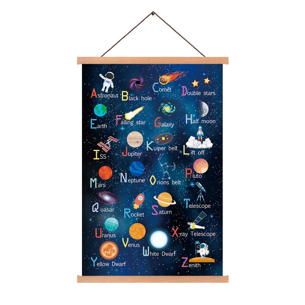 Outer Space Art Print With Wood Magnetic Poster Hanger Frame, Astronomy Alphabet Letters Canvas Wall Art ,Abstract Universe Educational Poster,40X64CM Hanging Painting For Home kids Classroom Decor
