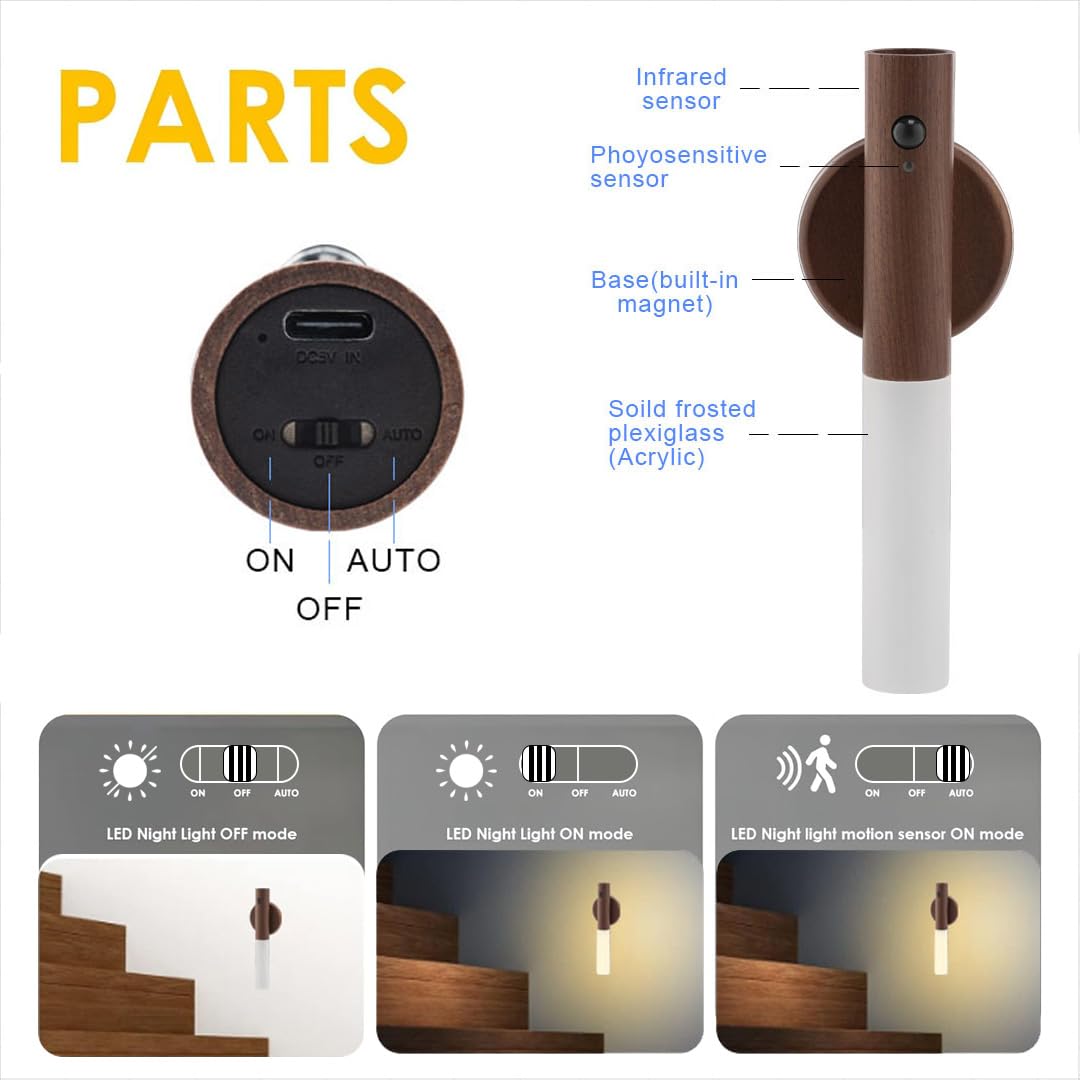 LANDGOO LED Nursery Night Light, Rechargeable Motion Sensor Lamp, Portable 360? Lighting, Walnut Wood, Model 240814040003, 2Pcs