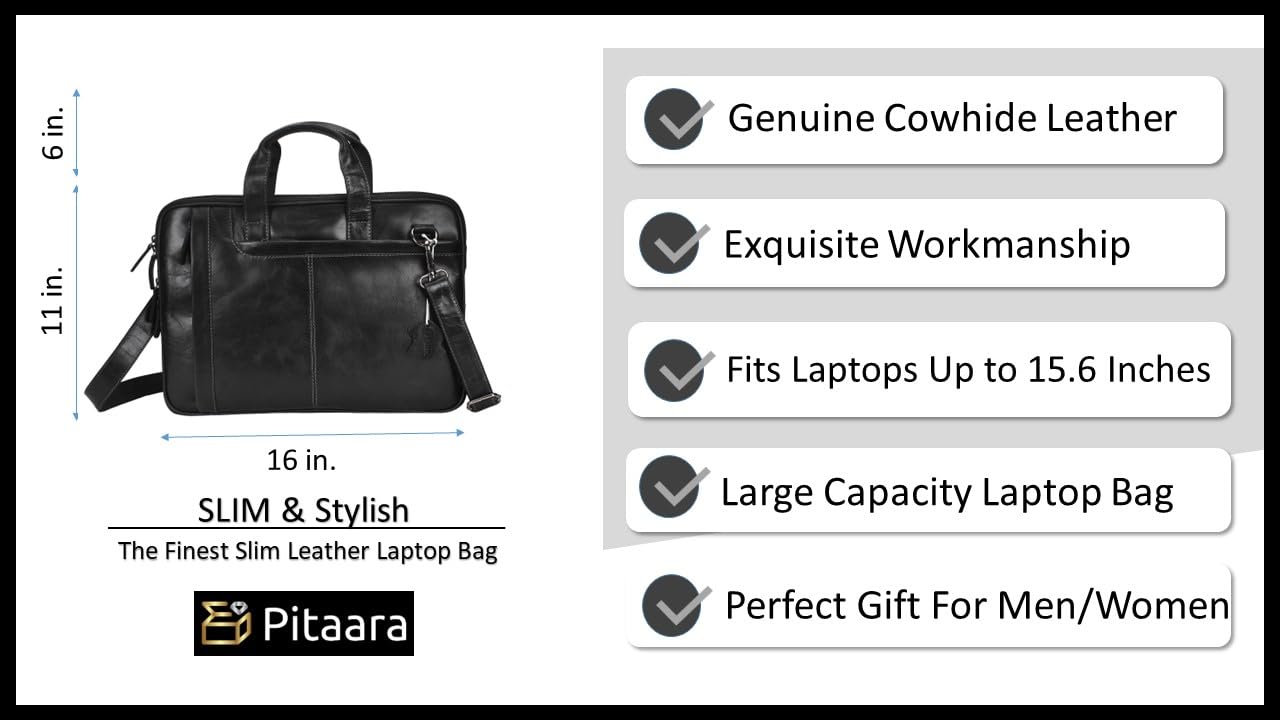 Pitaara Genuine Leather Messenger Laptop Bag For Men And Women, Black Briefcase, Fits Laptop Size 16", Unisex