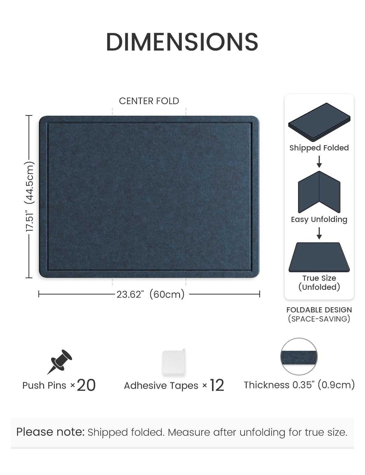 Fluxynara Bulletin Board, 23.6" x 17.5" Cork Board Alternative with 12 Safe Removable Adhesive Tabs, Foldable Felt Pin Board for Home Office, Classroom, Bedroom,Entryway for Walls—Carbon Blue