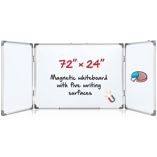 AmazingSpark 72" x 24" Foldable Whiteboard Dry Erase Board Large Tri Folding Whiteboard Magnetic Dry Erase Board, Wall Aluminium Frame and Flip Out Pen Tray for Office, Home