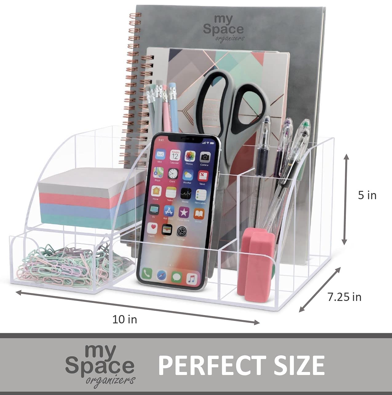 My Space Organizers Clear Acrylic Desk Oganizer, 9 Compartments, Office Supplies and Desk Accessories Organizer, Home Decor Desktop Organizer (Clear)