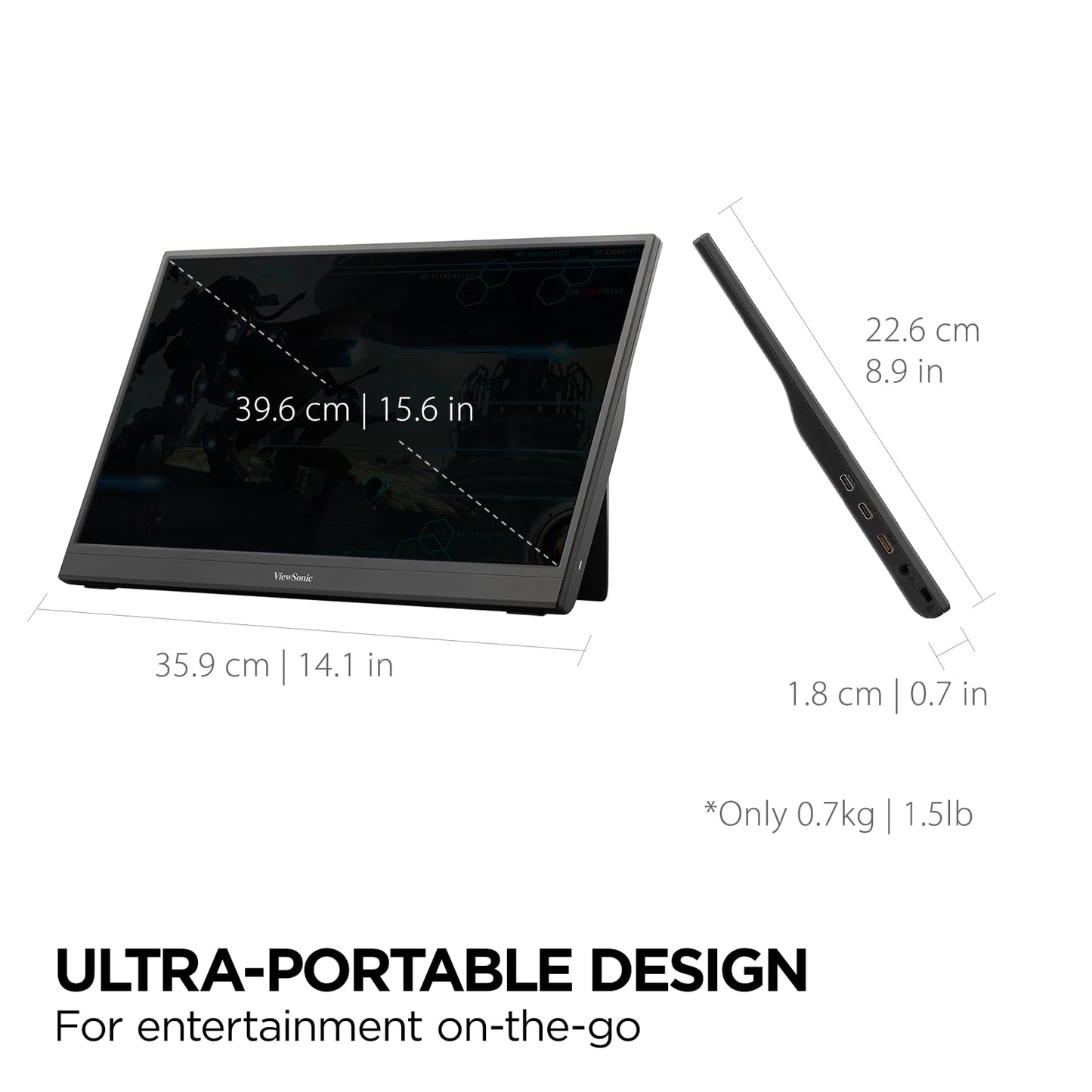 ViewSonic VX1654 16 Inch 1080p Portable Gaming Monitor, IPS Display with 144Hz for Smooth Mobile Workspaces and Fast-Action Gaming, Built-in Stand, 60W USB-C, and Mini HDMI Inputs