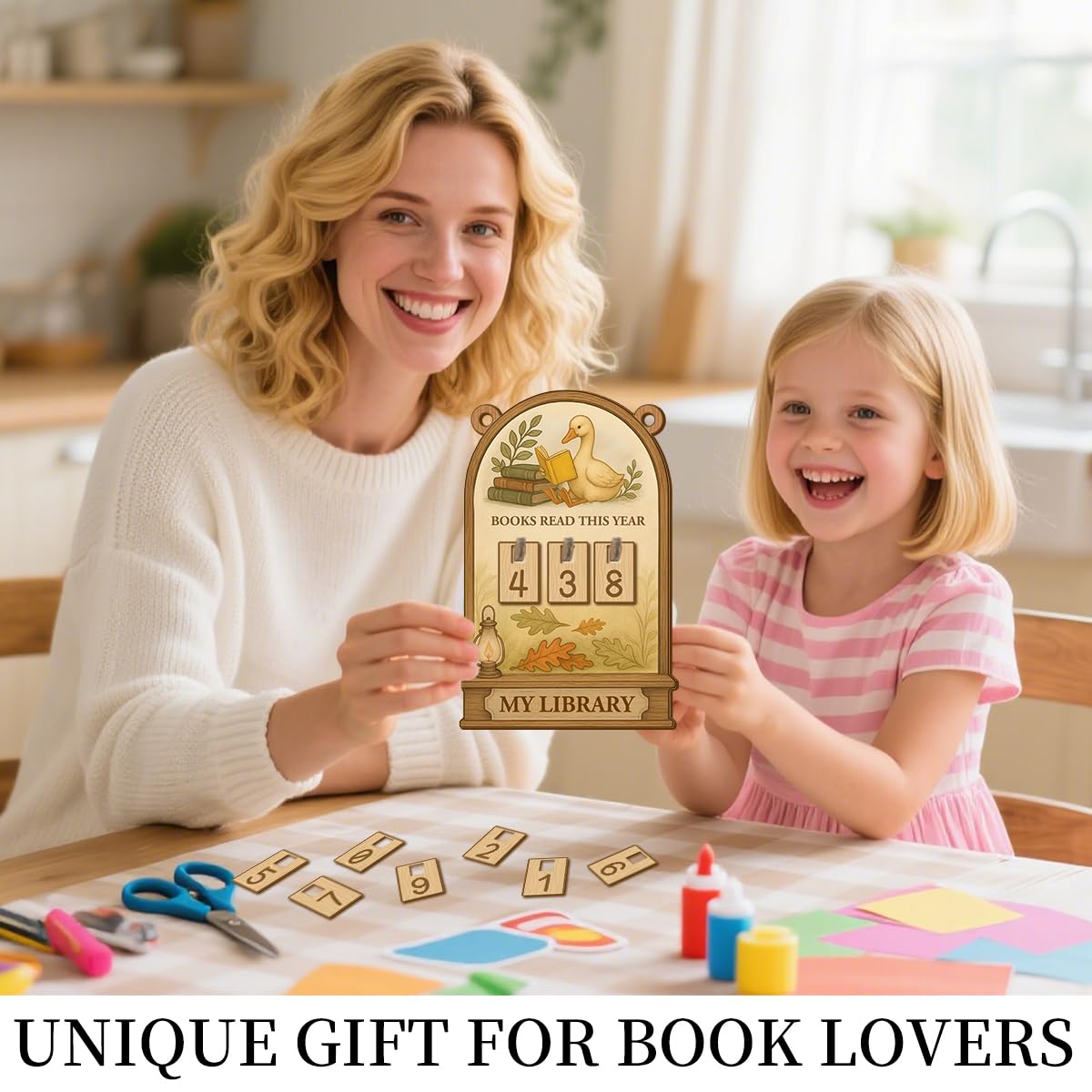 Silly Goose Books Read This Year Counter, Wooden Reading Tracker Sign for Bookshelf Decor, Book Tracker Challenge with 3 Sets of Interchangeable Number Tiles, Unique Book Lover Gifts for Readers