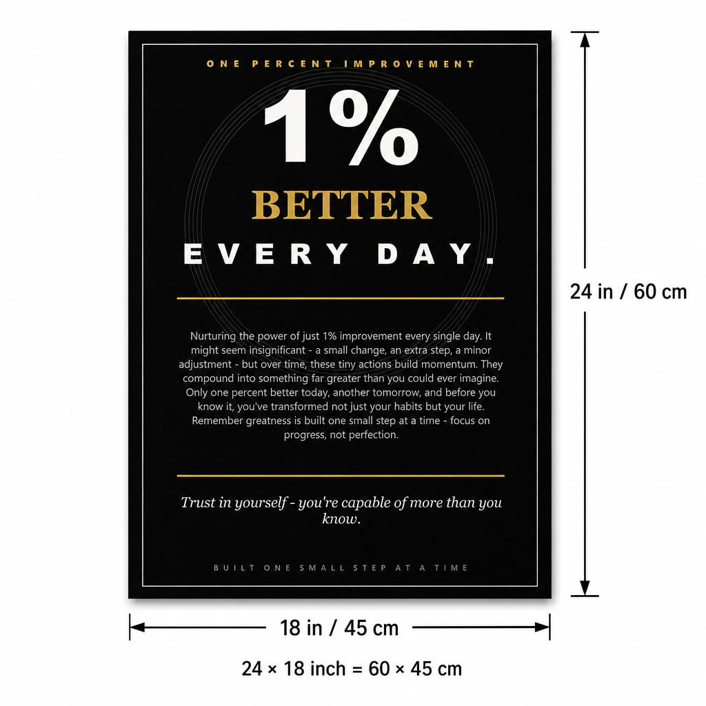 PJQART Inspirational Posters for Office 1 Percent Improvement Quote Wall Art, Black Gold Canvas Poster for Home Office Dorm Classroom, Single Panel Framed Decor 24x18 Inch