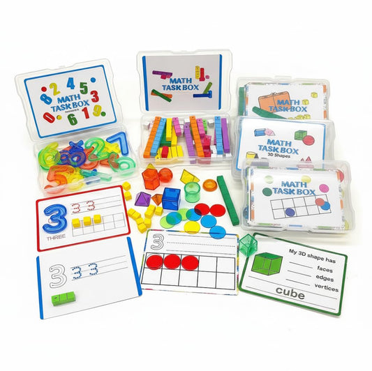 Math Task Boxes Set of 5 Math Manipulatives Themes 230+ Pieces of Number Rods, Base Ten Blocks, Ten Frame Disc Counters, Place Value Blocks, 0-9 Numbers, 3D Shapes, Counting Blocks Activity Cards