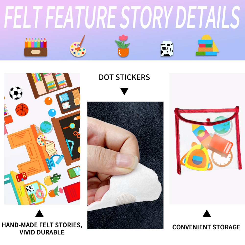 BEUNITONE 48 Pcs School Felt Story Boards Preschool Classroom Large Felt Story Pieces Set Flannel Board Stories for Preschool Activities Felt Story Board for Wall Early Learning Home Classroom Travle