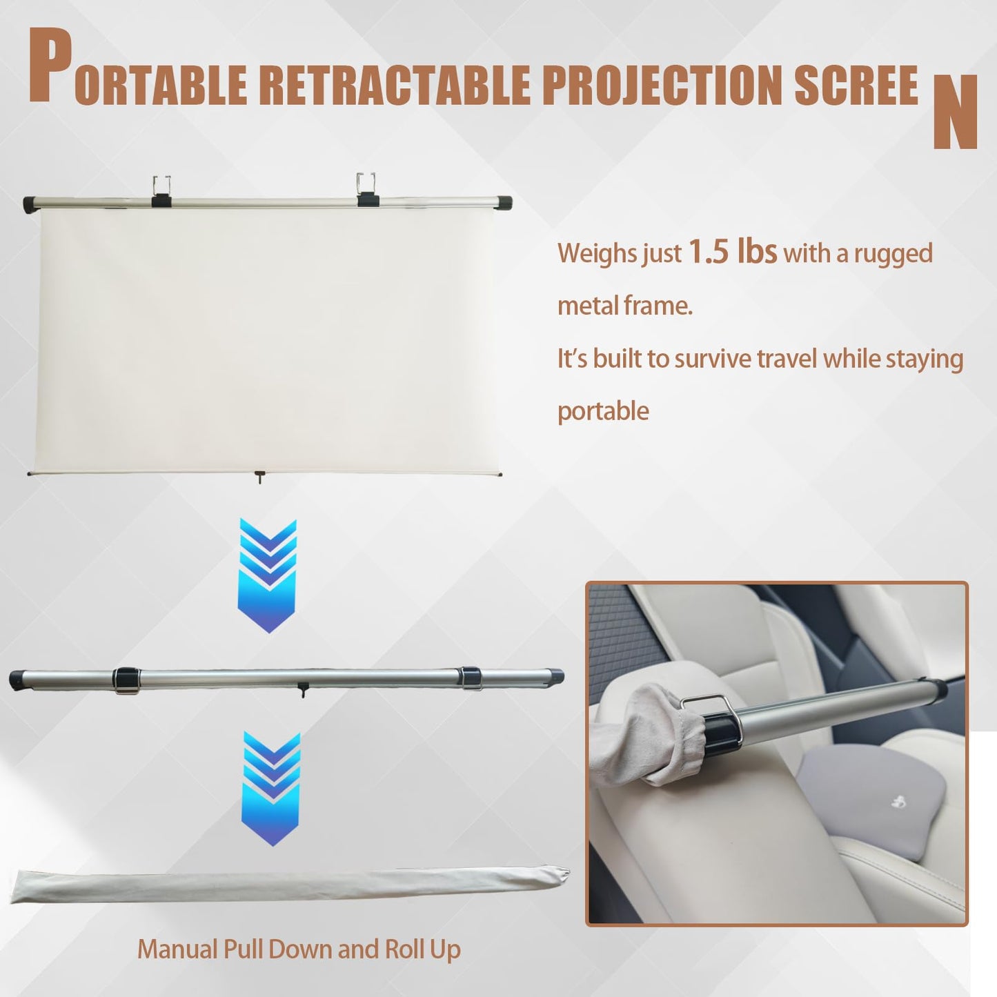 Portable Projector Screen for Car, 40 inch 16:9, Pull Down and Auto Rolling, Foldable and Small, Retractable Projection Screen Mini, 4K HD Screen for Car, SUV, RV and More (One-Click Auto Rolling)