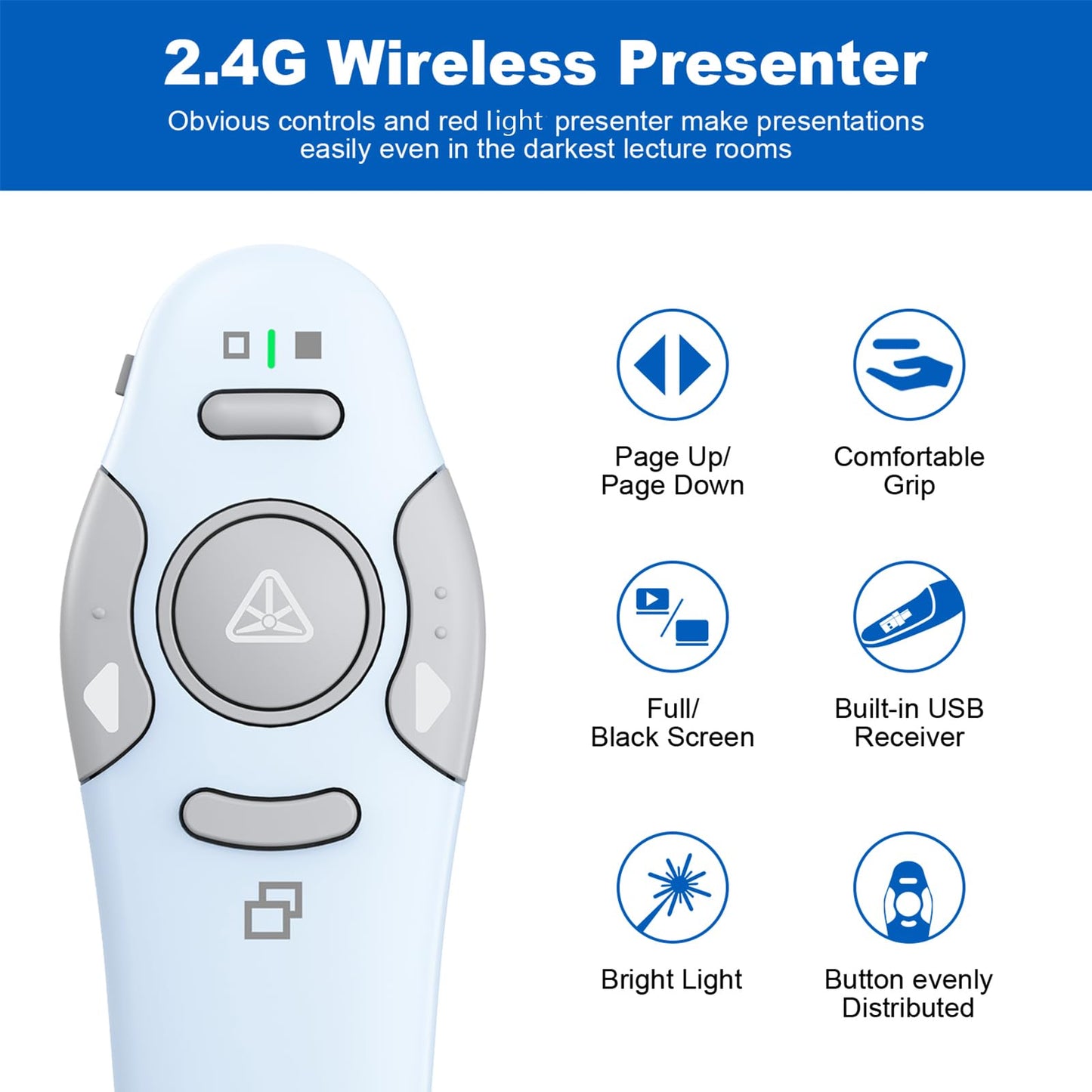 QUI Presentation Clicker Wireless Presenter Remote Clicker for PowerPoint Presentation Remote, PowerPoint Slide Advancer for Mac/Windows/Google Slide/Keynote, Blue, A-C