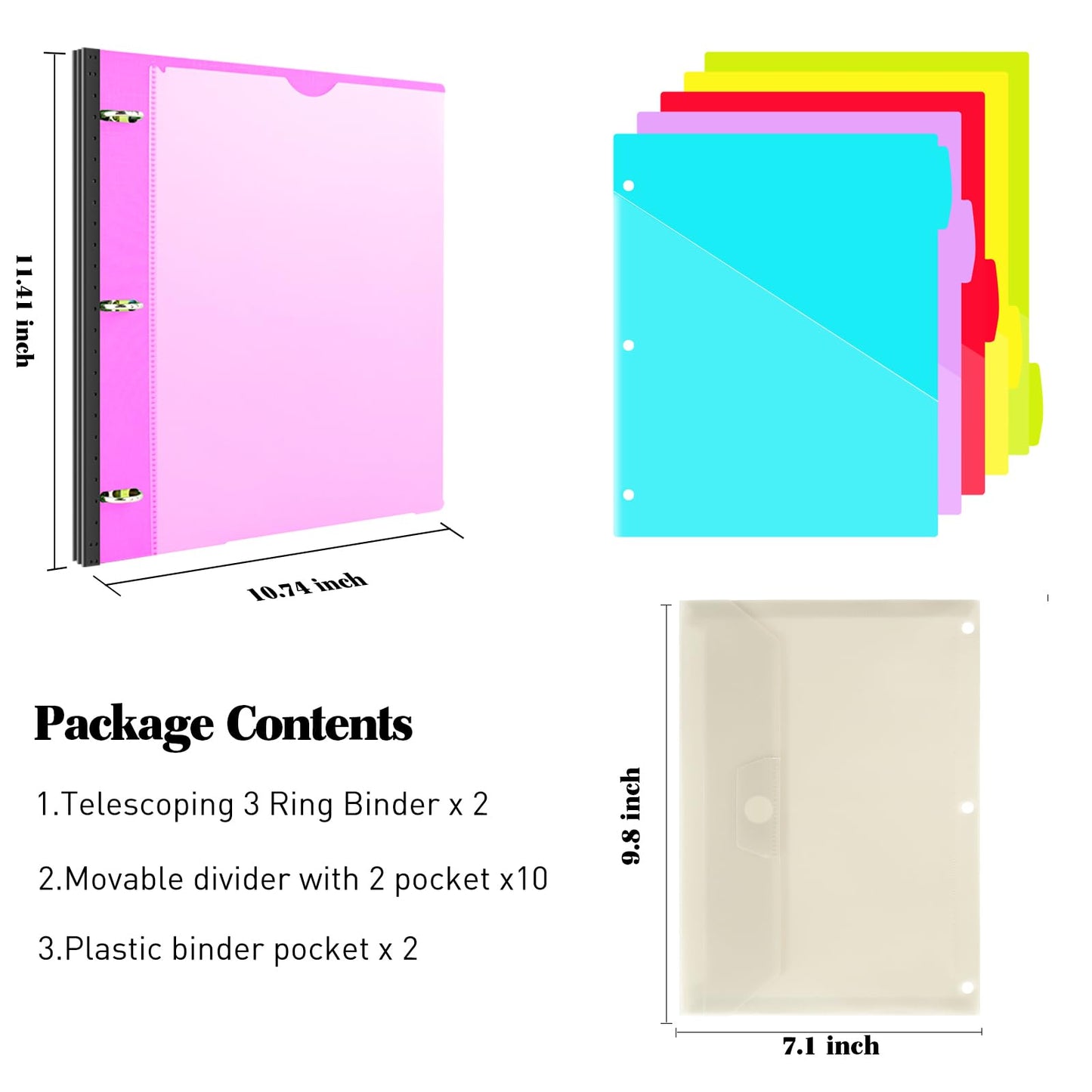 INFUN 1 Inch Telescoping Project Organizer Binder-2PCS,13 Pocket, Customizable Front Cover, 5 Colors Pocket Divider and Plastic Binder Pocket，225 Sheet Capacity-Pink