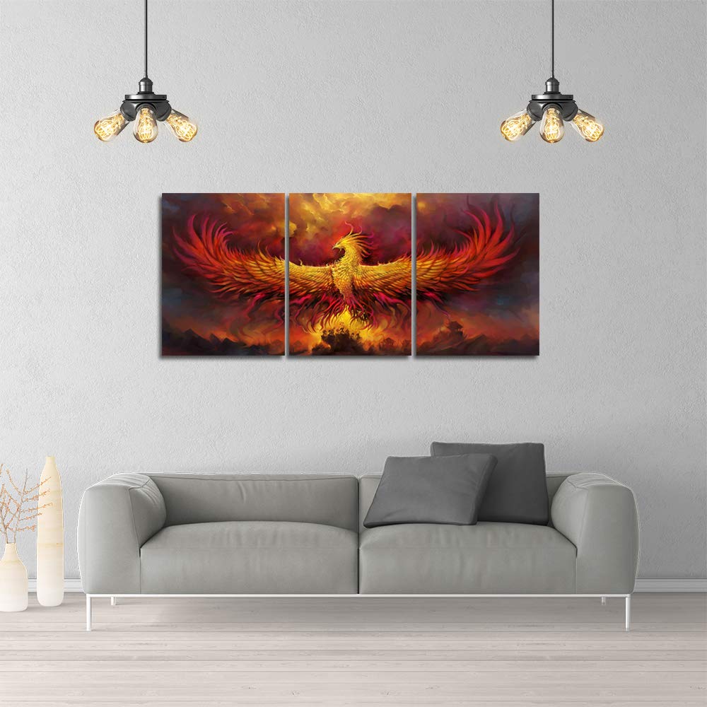 Fire Phoenix Wall Art Prints Volcanic Burning Phoenix Birds Canvas Picture Posters Prints Artwork 3 Piece Home Office Living Room Bedroom Decor Framed Ready to Hang - 36" W x 16" H