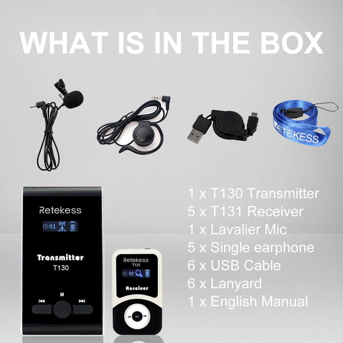 Retekess T130 Church Translation Device, Tour Guide System Rechargeable, Simple Basic, Clear Sound Quality, Whisper Devices for Church, Factory, School (1 Transmitter 5 Receivers)