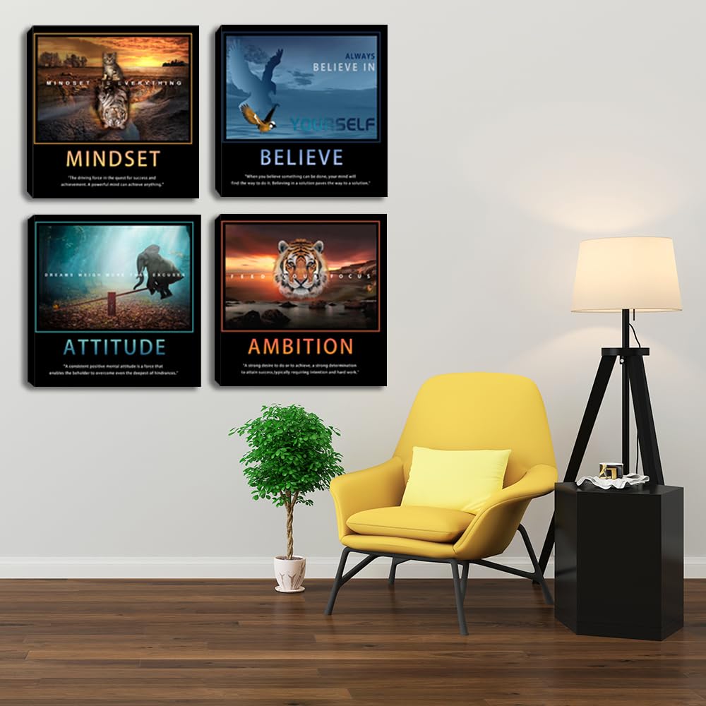 Motivational Wall Art Inspirational Canvas Poster Print Modern Inspiring Entrepreneur Quotes Animals Painting Picture Office Wall Decor Framed Artwork 4 Pieces Living Room Bedroom Workplace Decoration