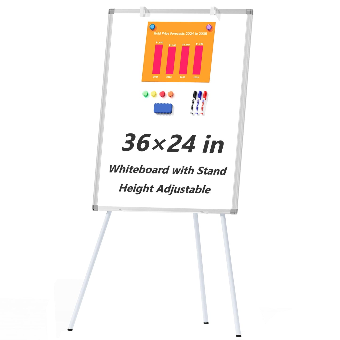 Large Whiteboard Easel with Stand, 36" x 24" Portable Standing Magnetic Dry Erase White Board, 3' x 2' Tripod Height Adjustable Flip Chart Easel for Home Office Classroom School, Silver