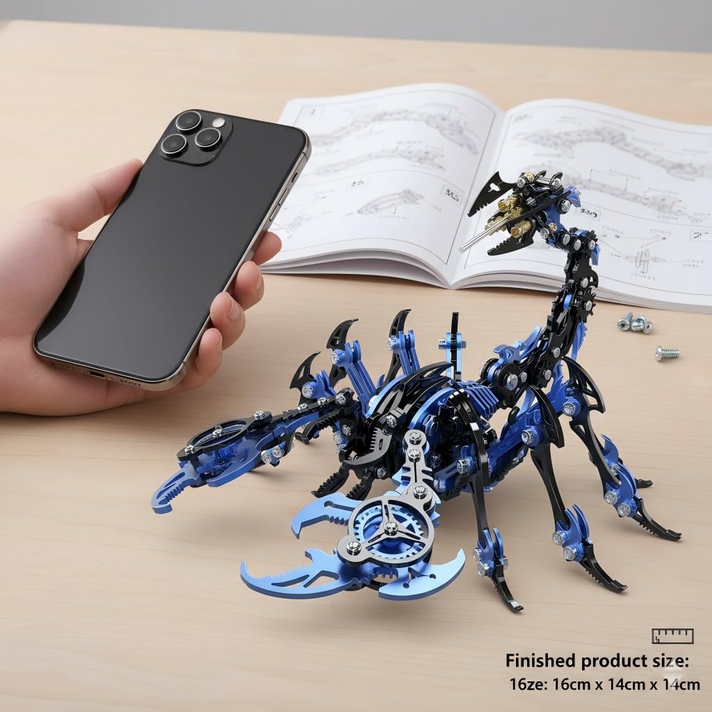 Scorpion 3D Metal Puzzles for Adults, 454PCS Stainless Steel DIY Mechanical Metal Model Kits, No Glue Assembly with Movable Joints, Challenging Metal Building Kit Desk Decor Gift(Blue-Black)