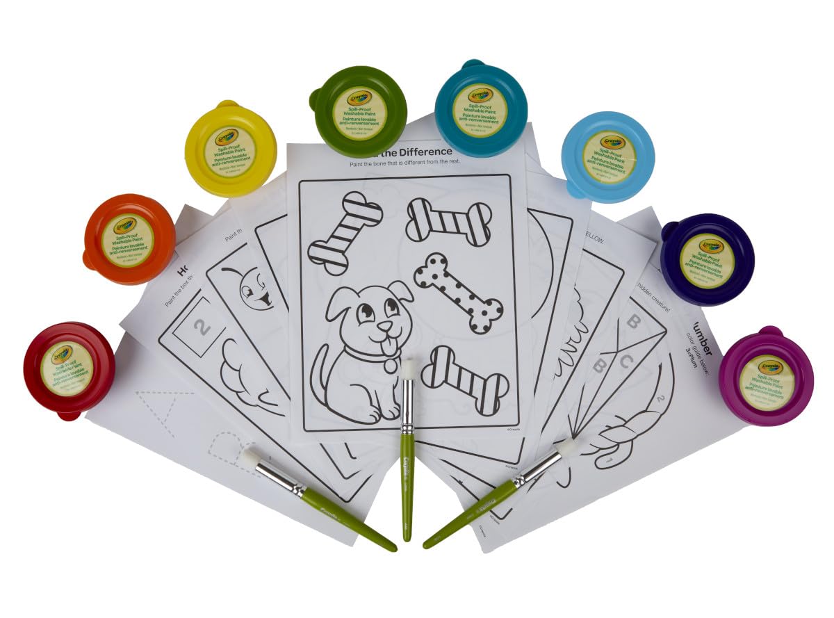 Crayola Spill Proof Paint Set (8ct), Washable Toddler Paint Kit, With Brushes, Pots, Activity Pages, Arts & Crafts Kit, Gift for Toddlers, Ages 3+