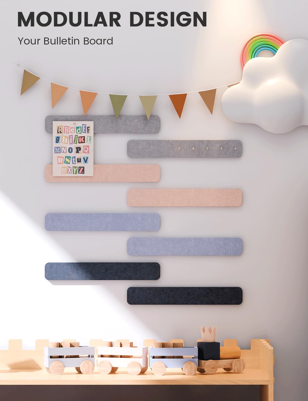 Fluxynara Cork Board Alternative Felt Strip Board 8-Pack 13"x2", Office Pin Board with 50 Push Pins, Adhesive Install for Bedroom Door & Home Office (Nordic Moonlight)