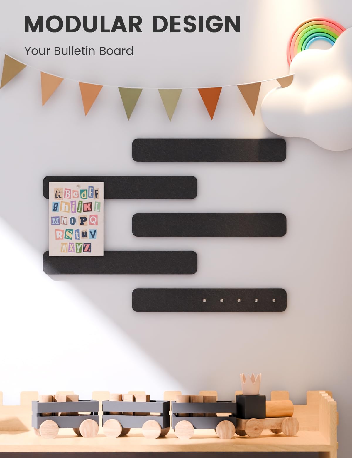 Fluxynara Cork Board Alternative Felt Strip Board 5-Pack 13"x2", Office Pin Board with 35 Push Pins, Adhesive Install for Bedroom Door & Home Office (Black)