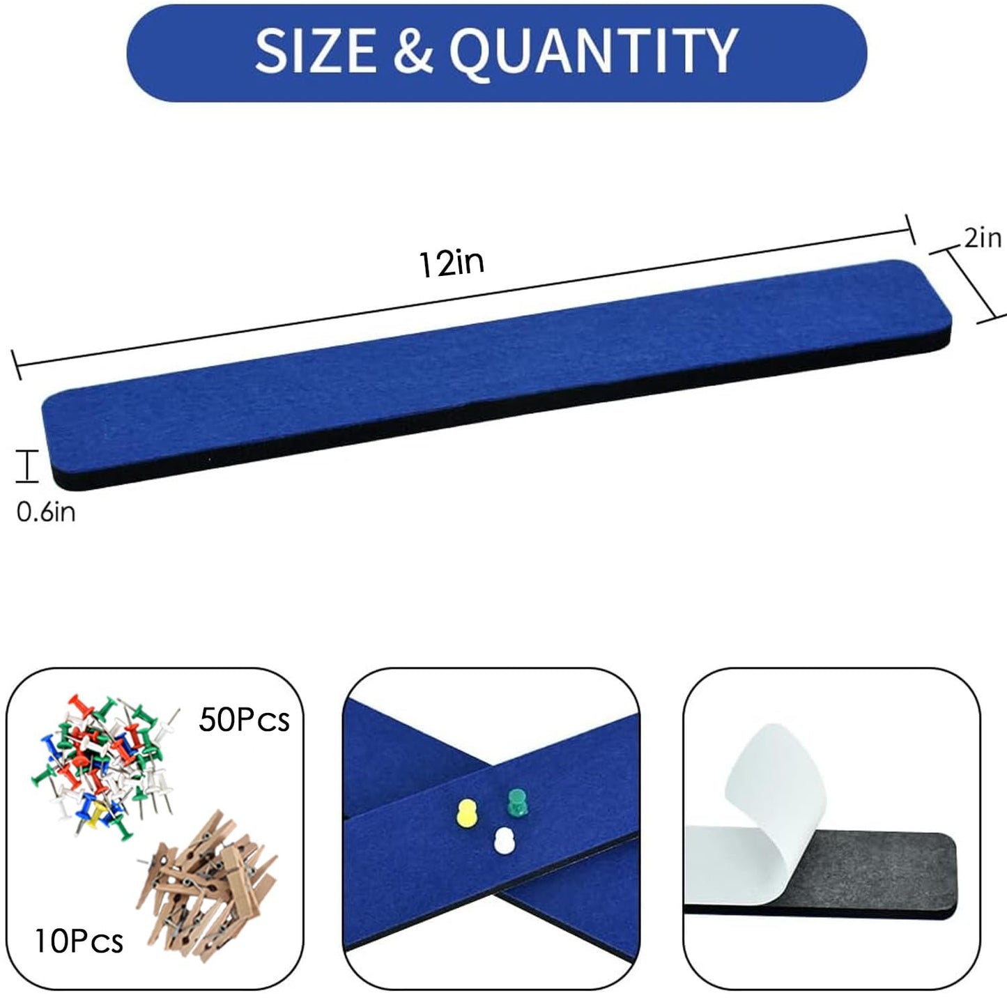 Vuzvuv 8 pcs Bulletin Board Bar Strips with 50 Pushpins & 10 Wooden Clip pins，Self Adhesive Cork Board for Wall，Felt Pin Board for School，Office Decor(Dark Blue)