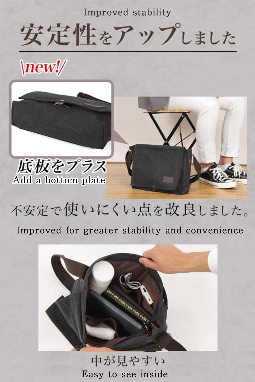 Cota's home Mens Canvas Messenger Bag, Satchel Bag for Men, Fits 14" Laptop, Compact Work Bag for Office & Travel (Black)