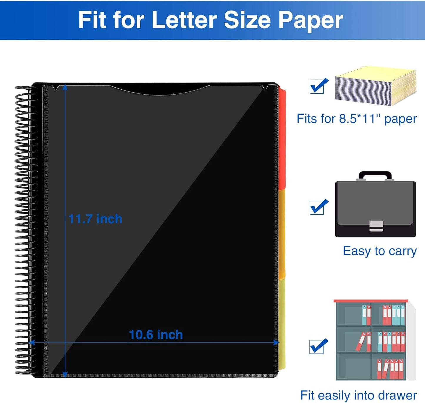 Forvencer 24 Pocket Project Organizer, 1/3-cut Tab Binder Organizer with Sticky Labels, Multi Pocket Folder with Zipper Pouch, Folder Binder Spiral Pocket Notebook, Office Supplies