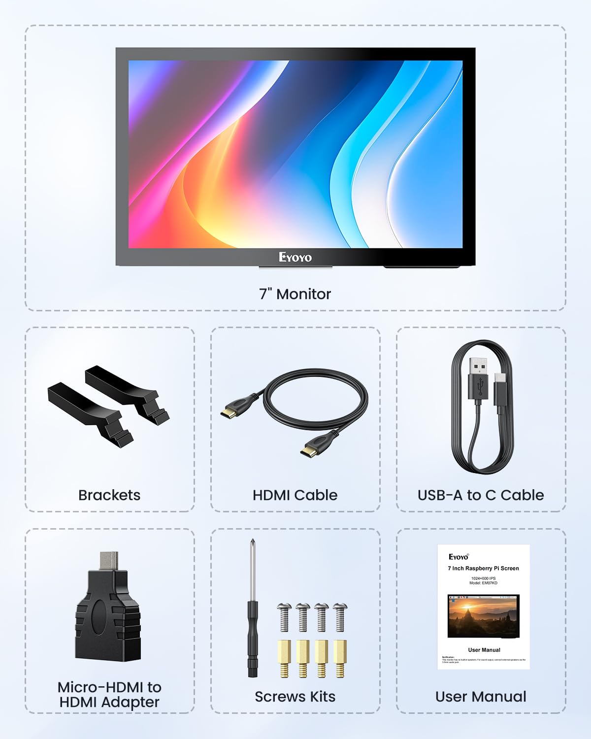 Eyoyo Raspbery Pi Screen 7-inch: 1024×600 LCD Capacitive Touchscreen Monitor with Stand, Mini Portable HDMI Monitors IPS Touch Display for Raspbery Pi 5/4/3/2/Zero, Windows/Linux/Android