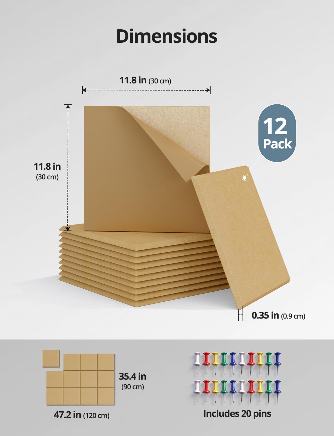 Kuchoow Large Felt Bulletin Cork Board Self-Adhesive Brown Squares Pin Wall Tiles, 48'' x 36'' Vision Tack Panels for Classroom Office Display 12 Pack Corkboard for Kitchen Bedroom Home Decor