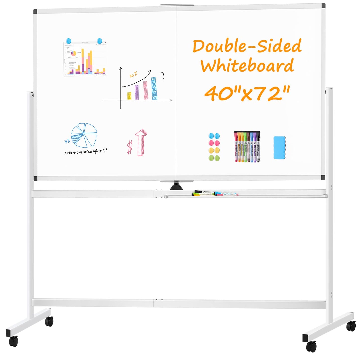WALGLASS Rolling Whiteboard on Wheels, 72"x40" Double-Sided Dry Erase White Board with Stand, Large Magnetic Whiteboard, Giant Portable Standing Board for Office, School, Home, Classroom 6 x 3.33 ft