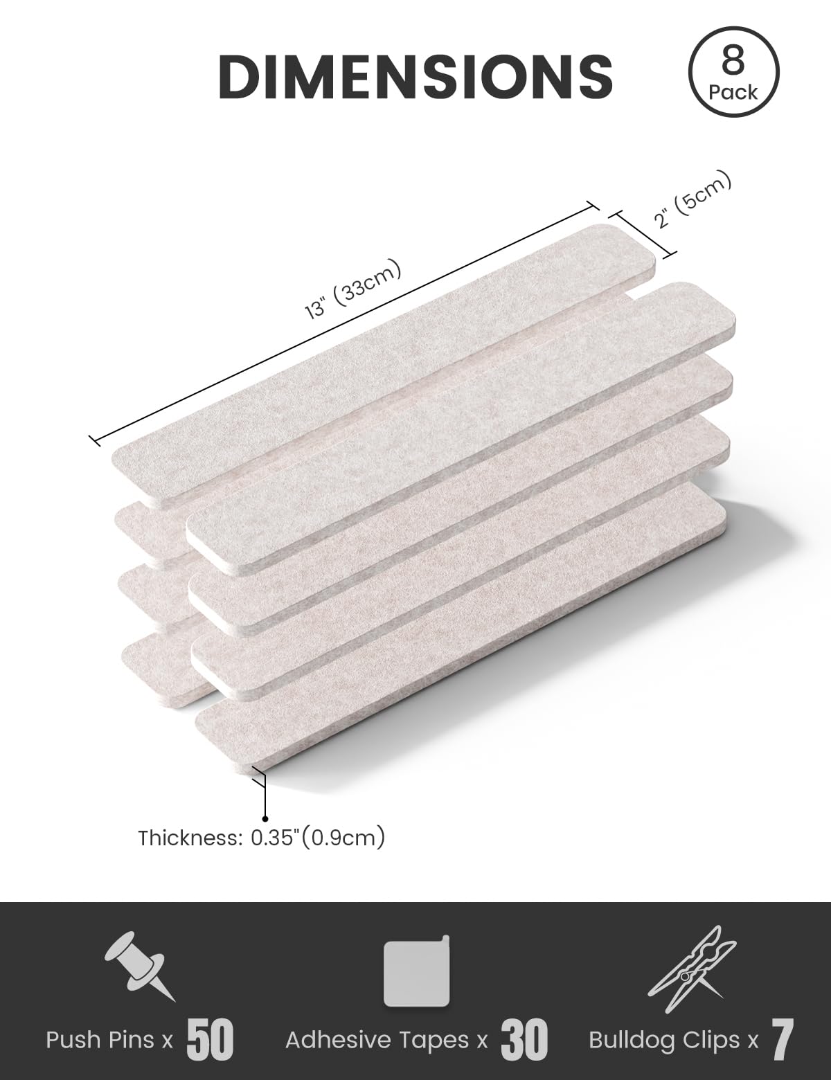 Fluxynara Cork Board Alternative Felt Strip Board 8-Pack 13"x2", Office Pin Board with 50 Push Pins, Adhesive Install for Bedroom Door & Home Office (Oatmeal)