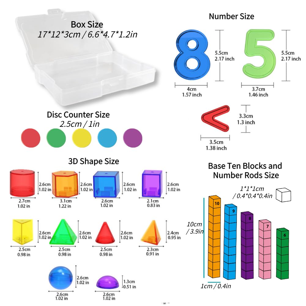Math Task Boxes Set of 5 Math Manipulatives Themes 230+ Pieces of Number Rods, Base Ten Blocks, Ten Frame Disc Counters, Place Value Blocks, 0-9 Numbers, 3D Shapes, Counting Blocks Activity Cards