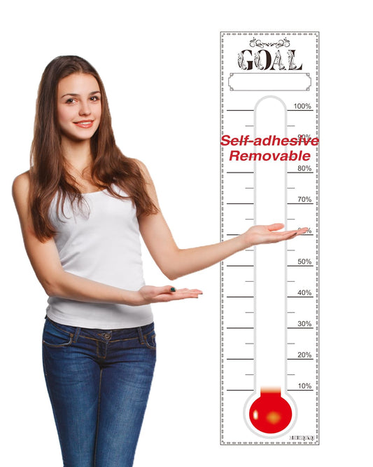 Fundraising Thermometer Chart Goal Tracker, 48"x12" Dry Erase Goal Setting Wall Mounted Thermometer Wall Posters, Removable Giant Sales Goal Sticker for Home, Schools, Churches, Offices & Charities