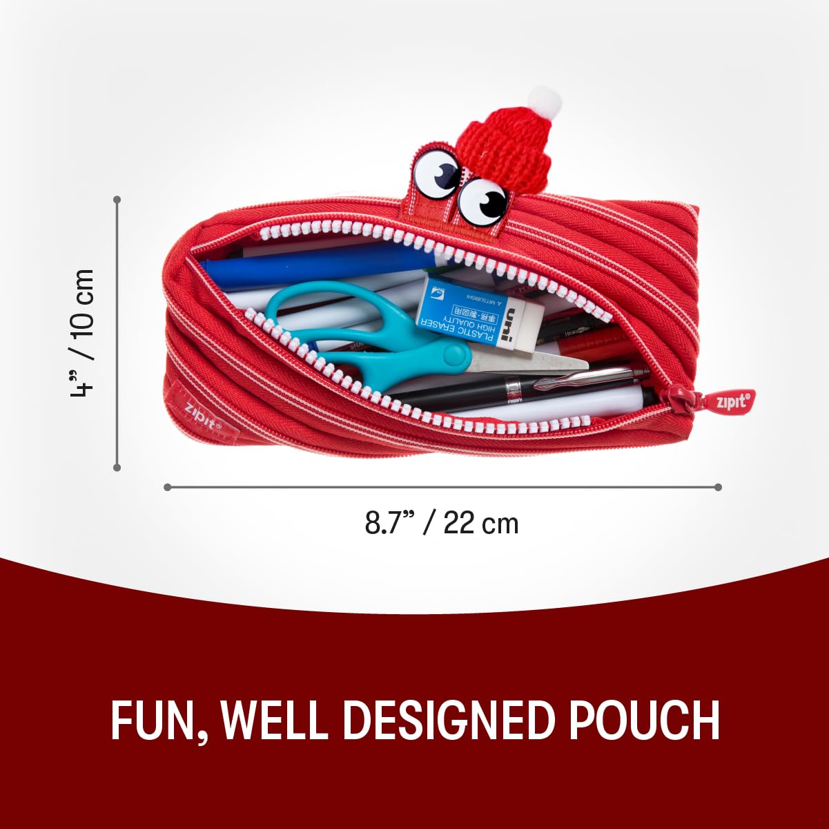 ZIPIT Monster Pencil Case for Kids, One Long Zipper Pencil Pouch, Gift-Ready Stationery Bag for Boys & Girls, Red