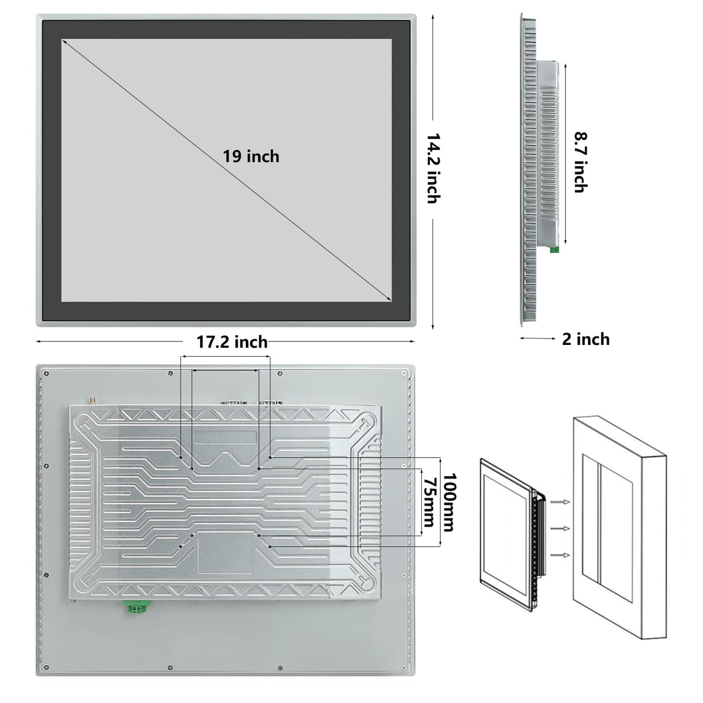 TouchWo 19 inch Industrial Embedded Touchscreen Monitor, Capacitive Multi-Touch Screen Industrial Front IP65 Monitor Built-in Speakers, HD-MI in, USB, VGA, 16:10 1280x1024 Display