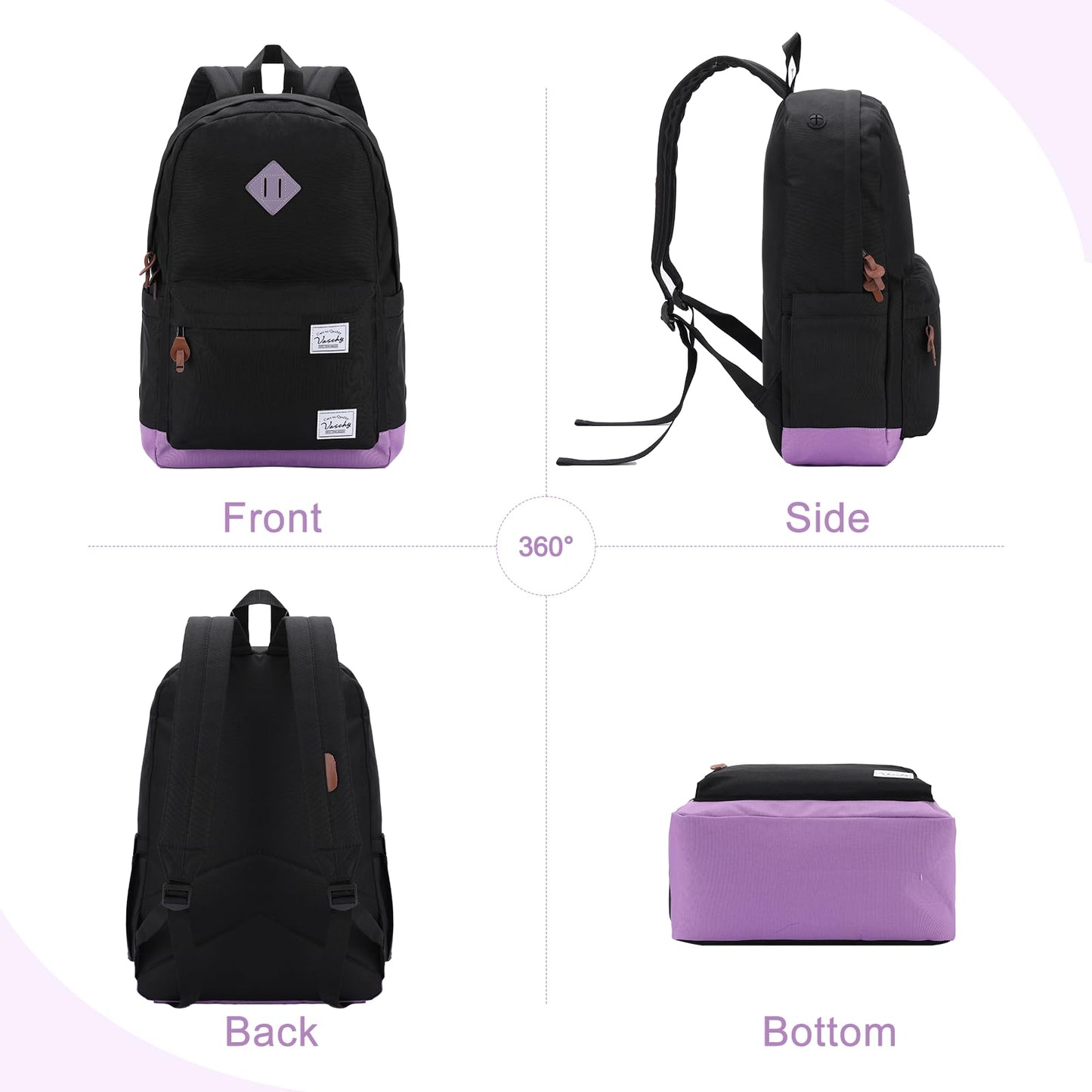 VASCHY Backpack for Teen Girls, Unisex Classic Water Resistant School Backpack Fits 15Inch Laptop (Black Purple)