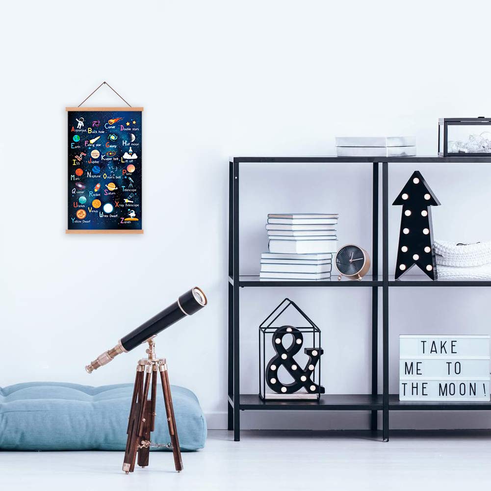 Outer Space Art Print With Wood Magnetic Poster Hanger Frame, Astronomy Alphabet Letters Canvas Wall Art ,Abstract Universe Educational Poster,40X64CM Hanging Painting For Home kids Classroom Decor