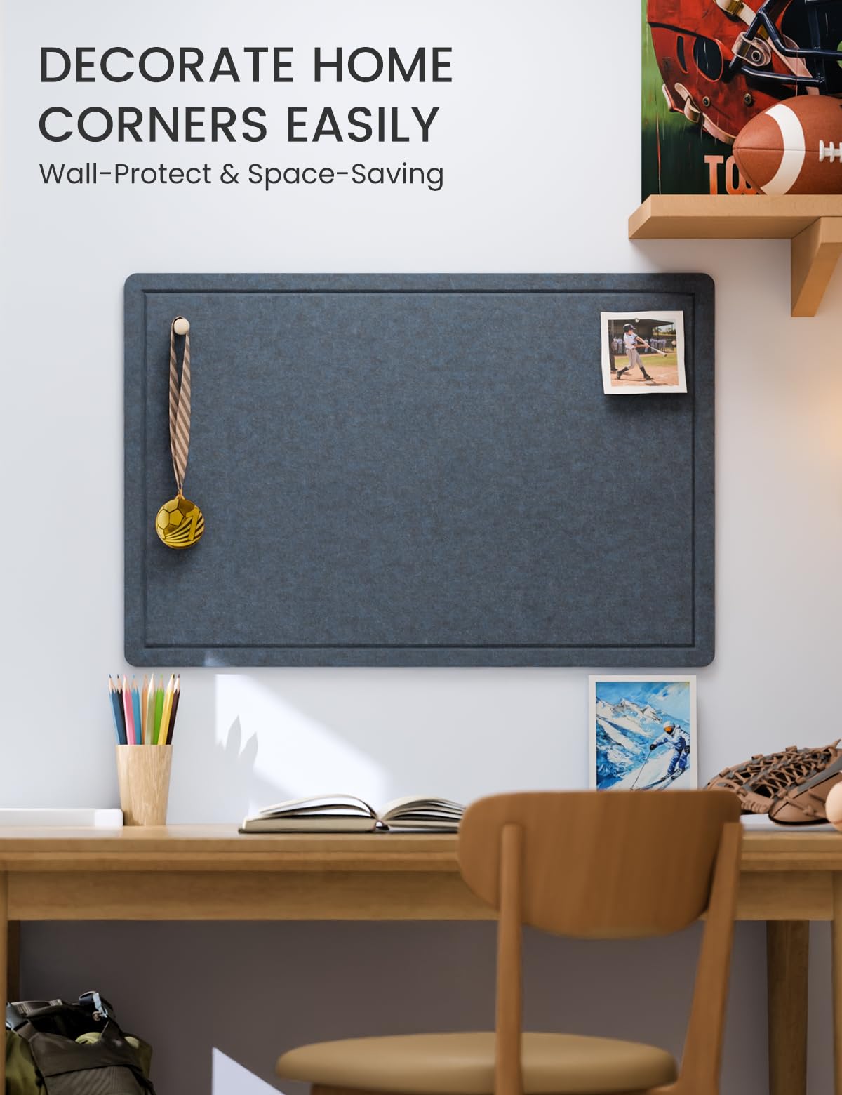 Fluxynara Bulletin Board,35.4" x 23.6" Cork Board Alternative with 12 Safe Removable Adhesive Tabs, Foldable Felt Pin Board for Home Office, Classroom, Bedroom,Entryway for Walls—Navy Blue