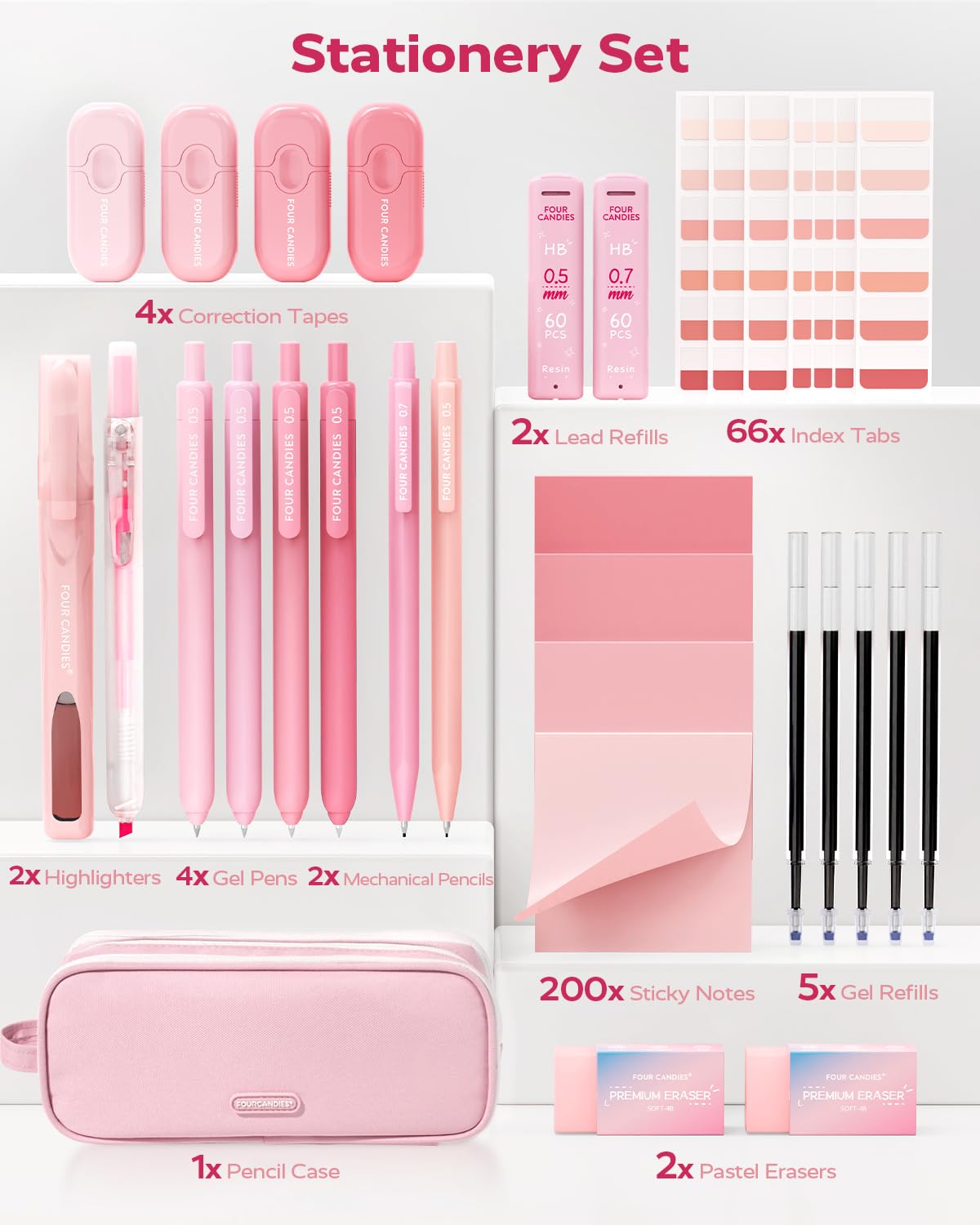 Four Candies Pink College Supplies and Nursing Essentials with Organizer, Gel Pens with Black Ink,Correction Tapes,Pastel Highlighters, Mechanical Pencils, Sticky Notes, Index Post
