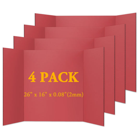 AKONEGE 4PCS Medium Trifold Poster Board 26" x 16" Red Tri Fold Presentation Boards, Corrugated Cardboard Picture/Project Display Boards for Event, Exhibition, Business, School Project, Science Fair