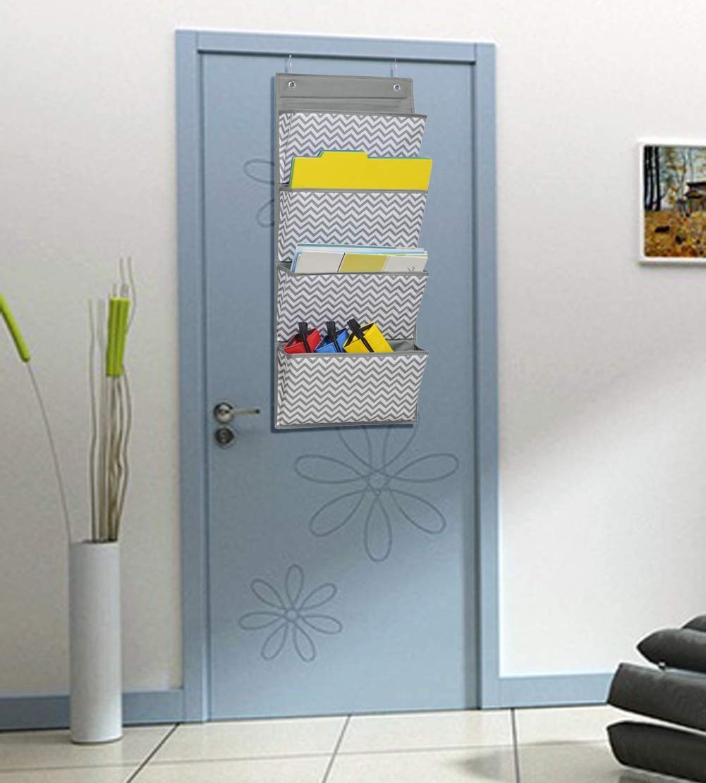 AUVCAS Hanging Wall File Organizer for Office - Over Door Wall Hanging Folder Holder & Classroom Pocket Document Organizer, Paper Mail Storage Rack with 4 Large Pockets,Gary