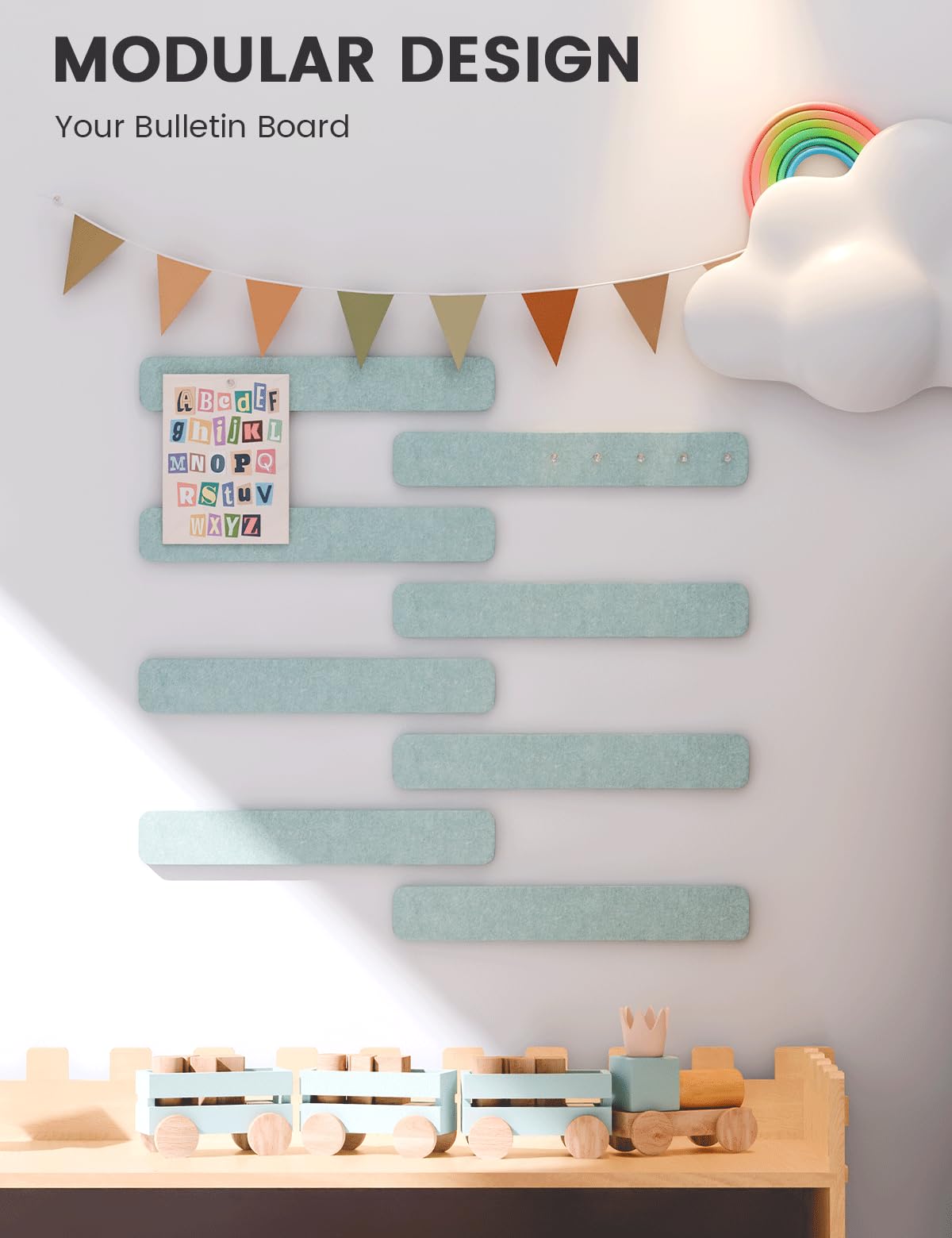 Fluxynara Cork Board Alternative Felt Strip Board 8-Pack 13"x2", Office Pin Board with 50 Push Pins, Adhesive Install for Bedroom Door & Home Office (Teal Blue)